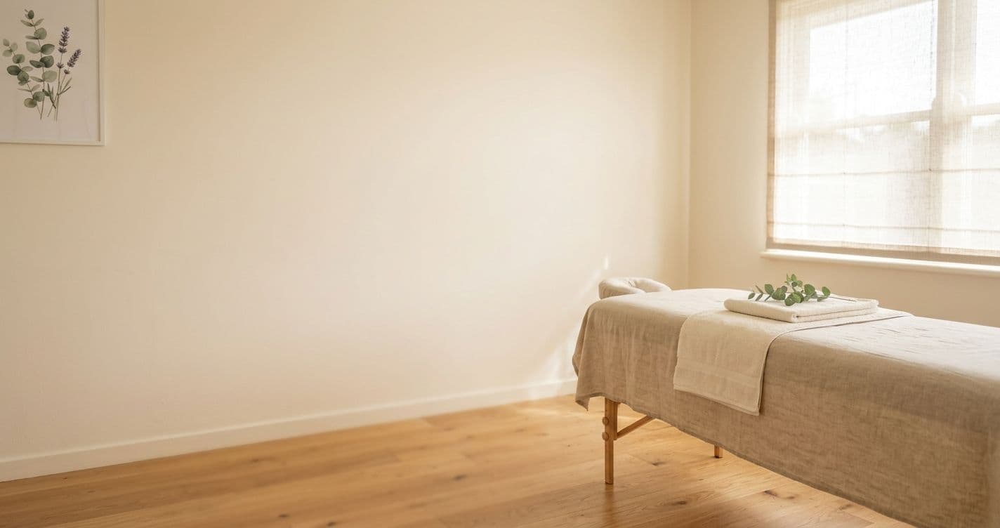 The treatment couch dressed in linen beside a window
