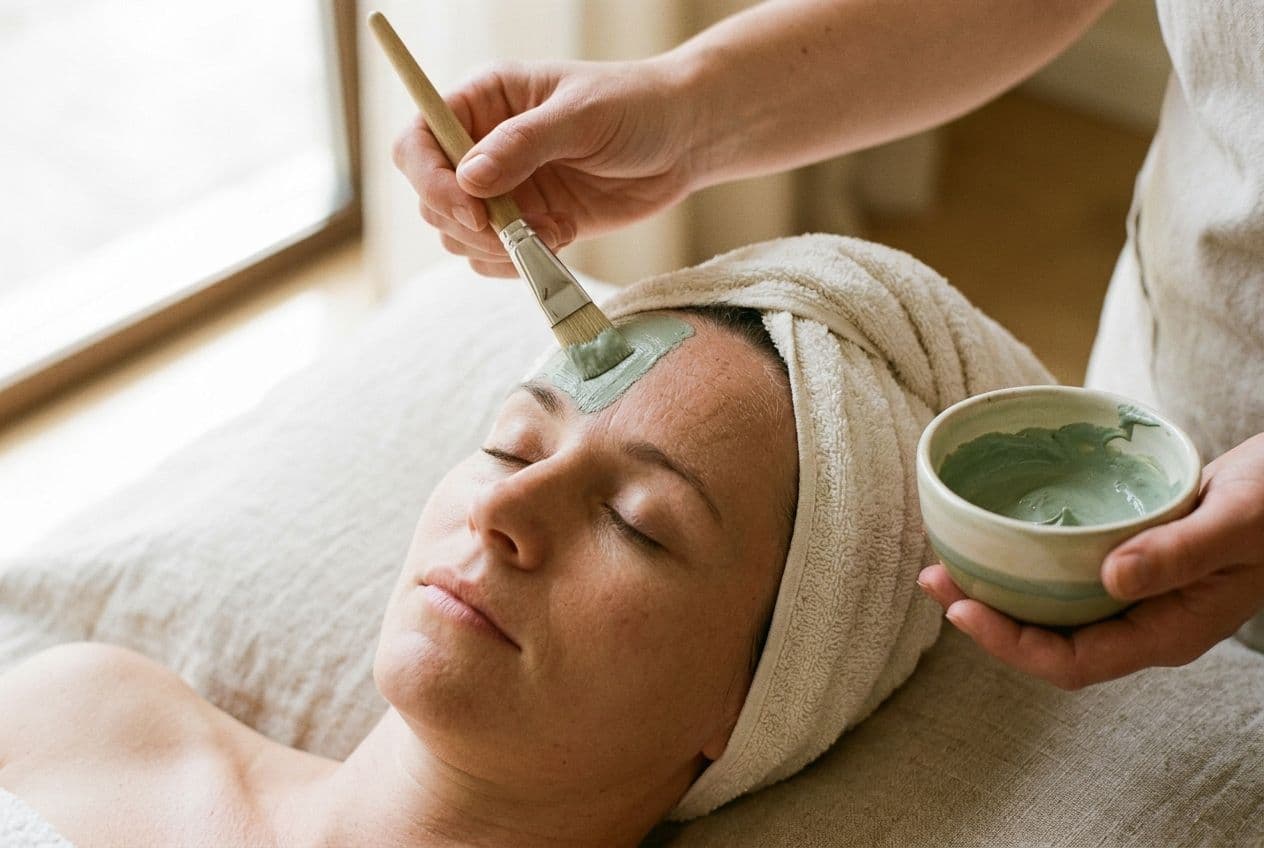 A soothing mask being brushed onto a relaxed client