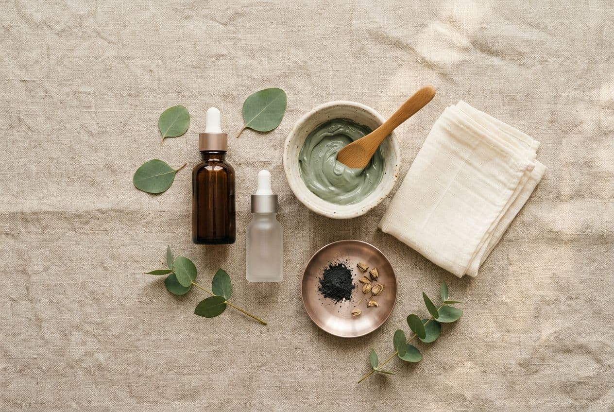 Serums, a clay mask and muslin laid out on linen