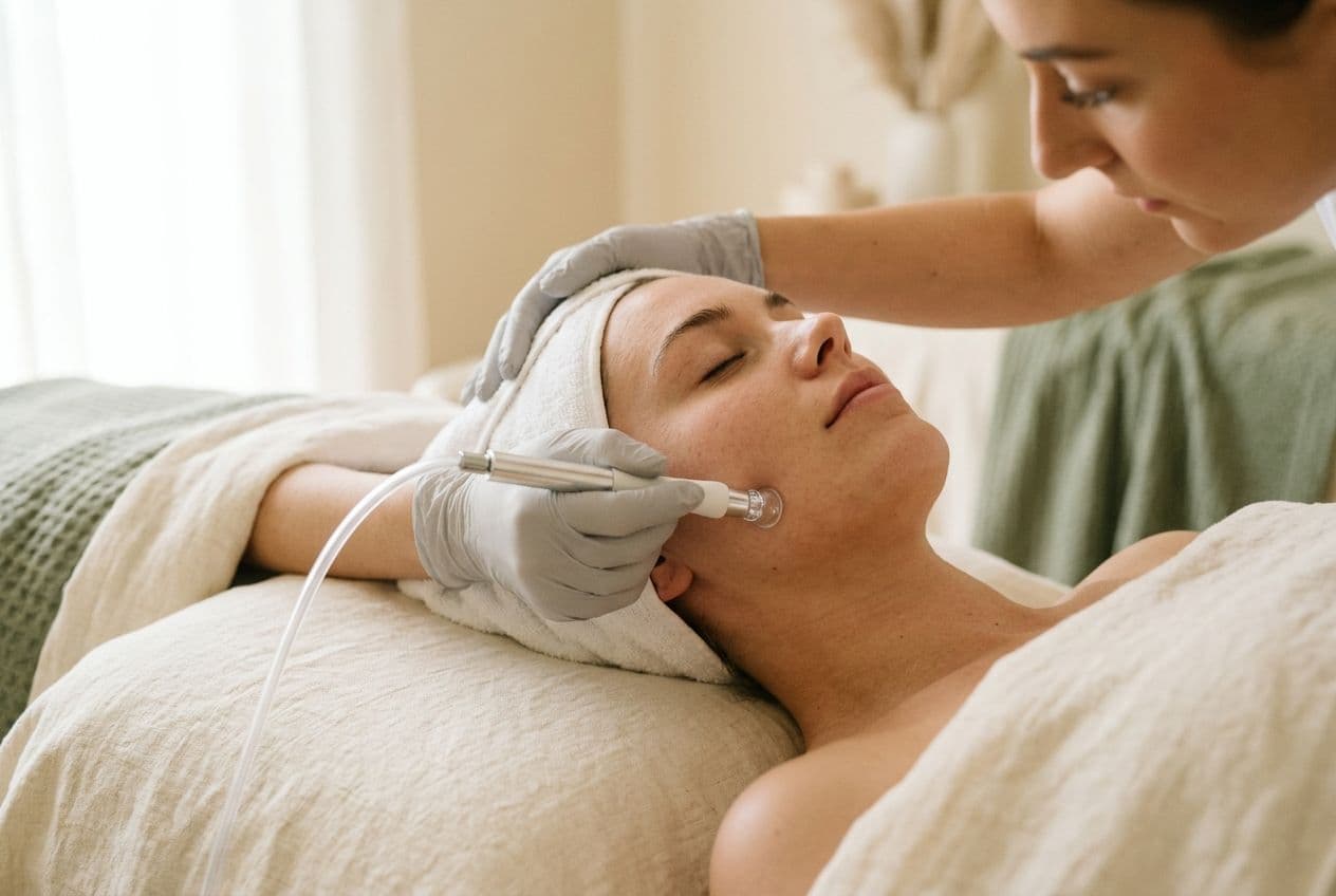 HydroDiamond wand gliding along a client's jawline during a facial