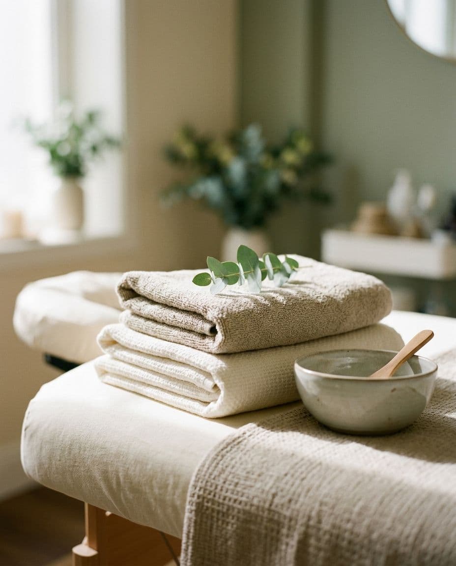 Folded towels and a sprig of eucalyptus on the treatment couch