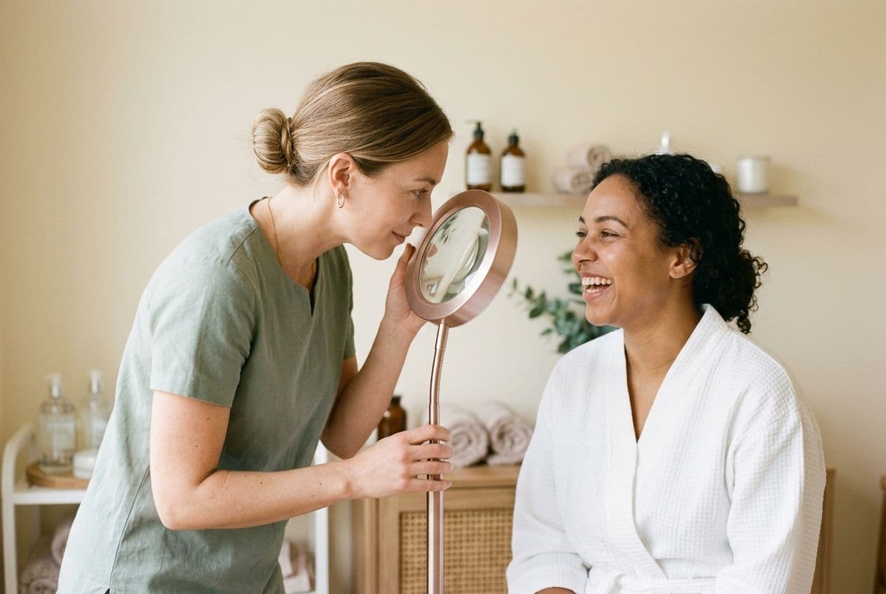Megan studying a client's skin through a magnifier lamp during her skin analysis